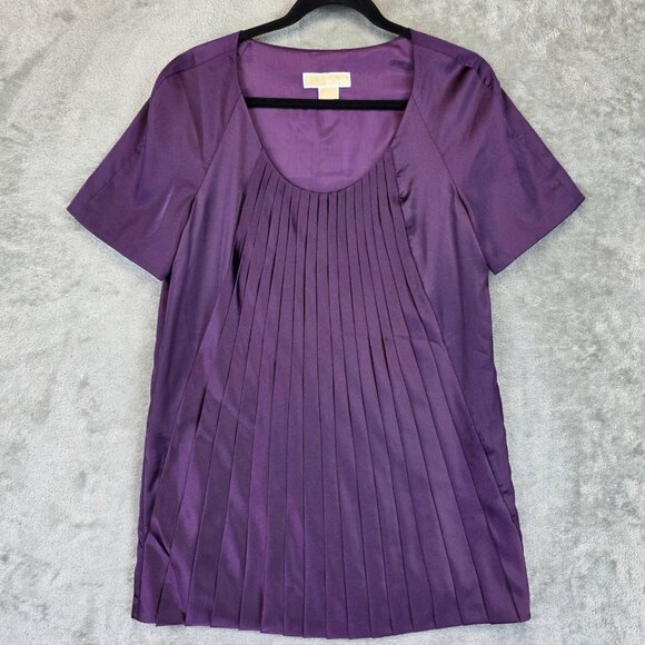 Michael Kors Shirt Womens Size 10 Purple Pleated Short Sleeve Tunic Dressy Top - Picture 1 of 13